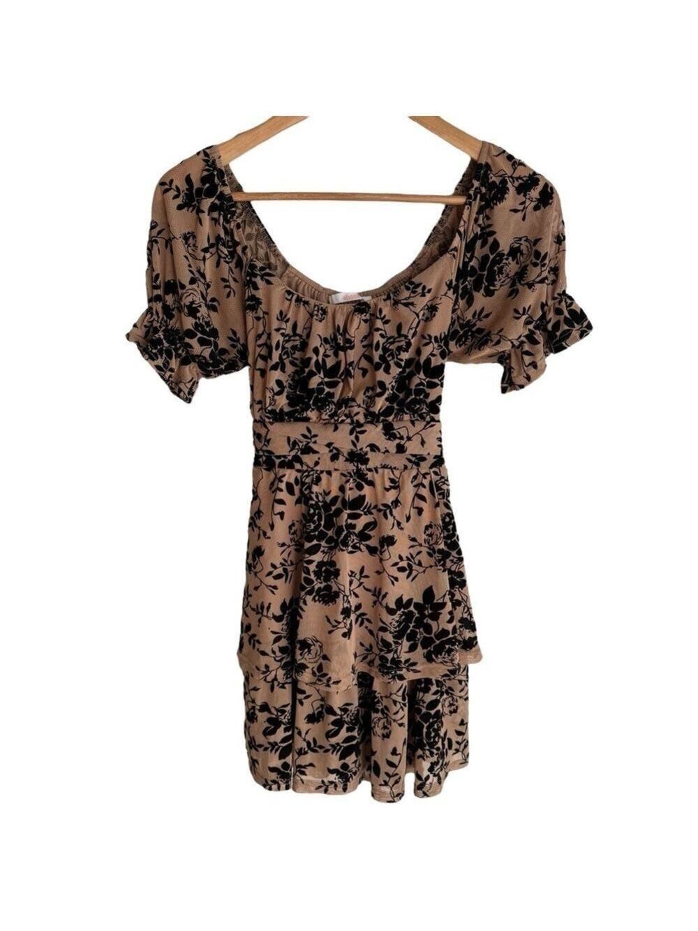 Shasa Floral Velvet Overlay Mini Dress Tunic Top Sz S Neutral Puff Sleeve Fairy